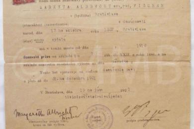 Domovský list obyvateľa Bratislavy z roku 1921